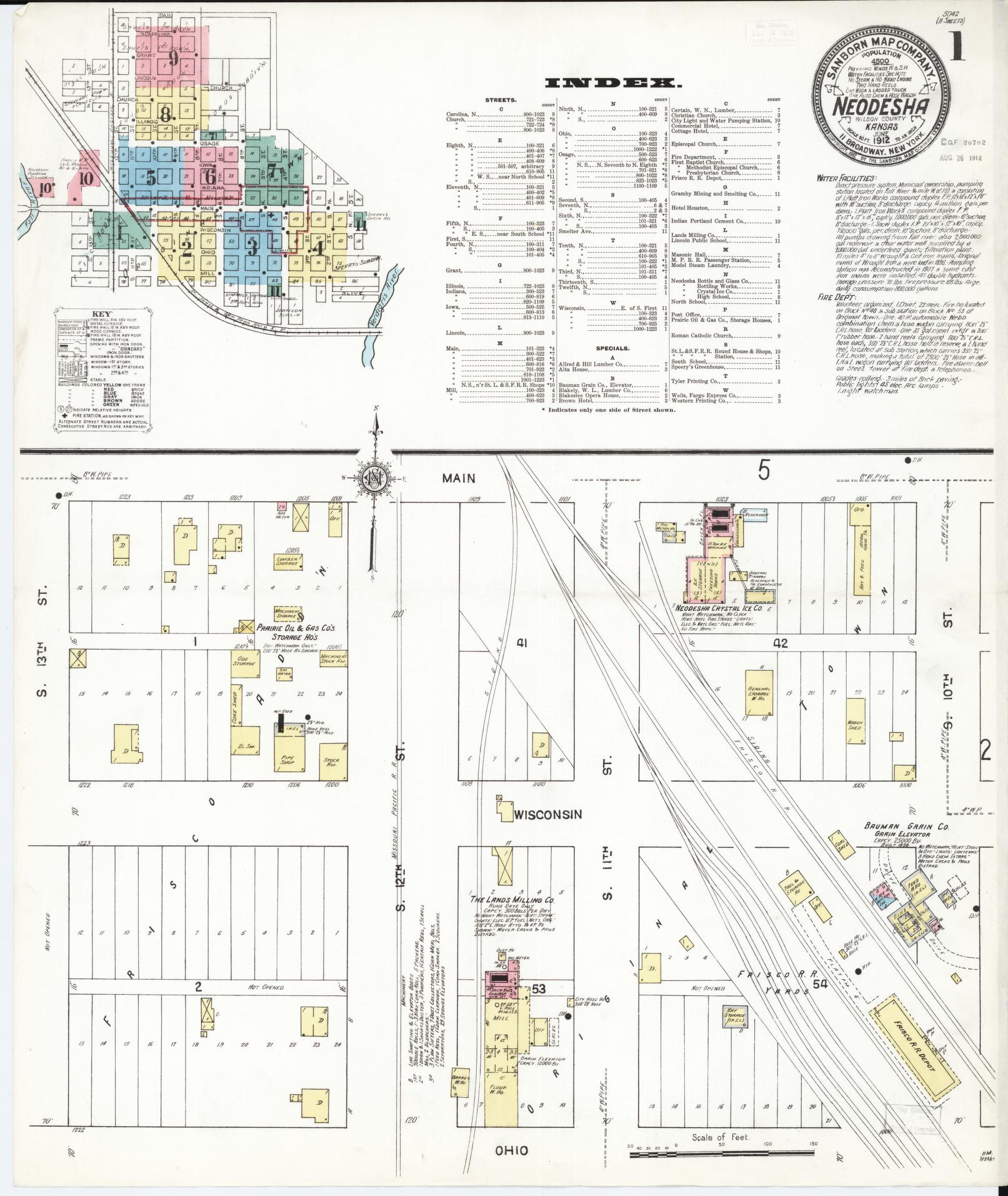 Sanborn Fire Insurance Map from Neodesha, Wilson County, Kansas (1912), Sheet #0001 - Historic Sanborn Fire Insurance Map Print, vintage old map wall art, antique decor, genealogy gift, Kansas Kansas map
