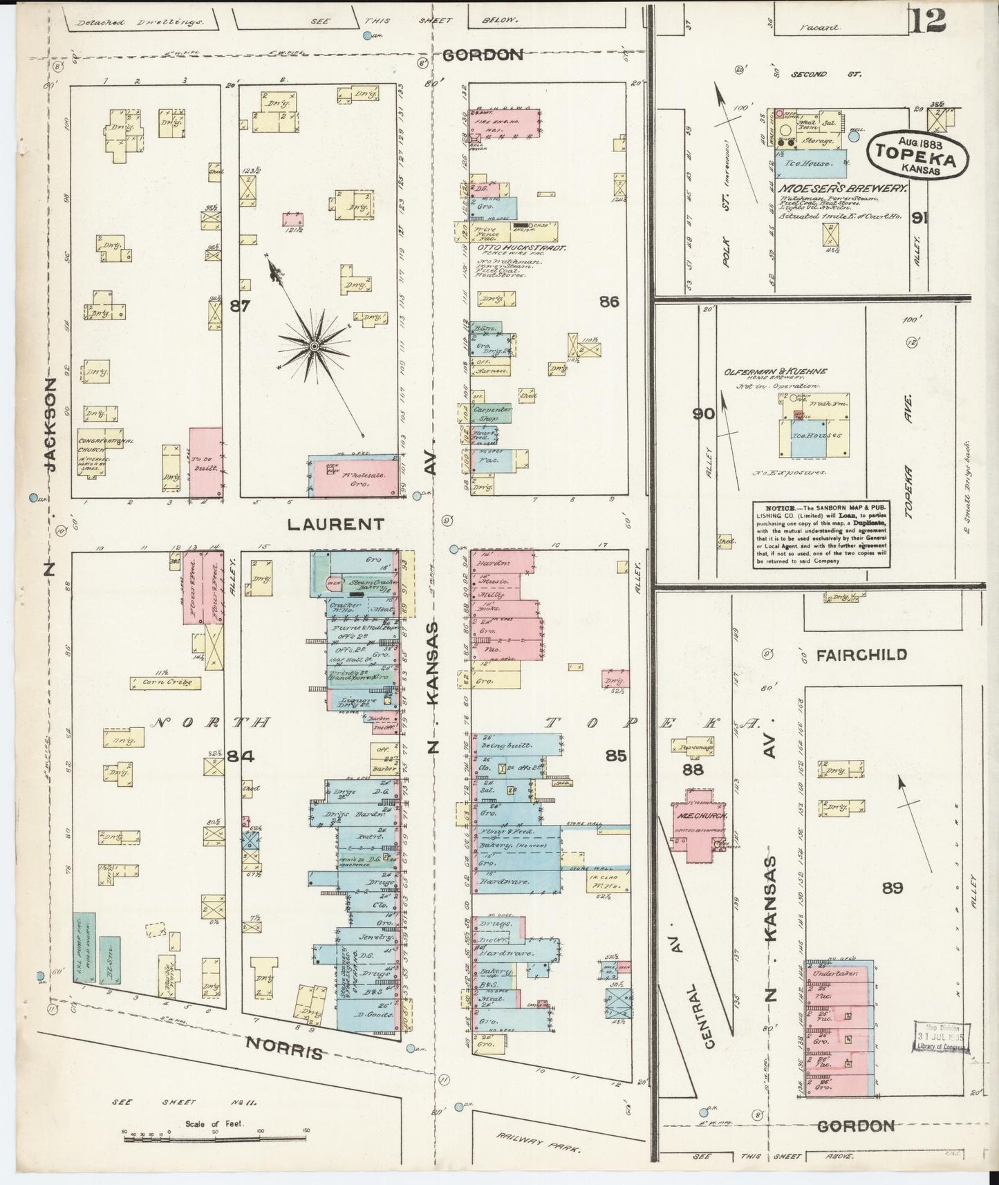 Sanborn Fire Insurance Map from Topeka, Shawnee County, Kansas (1883), Sheet #0012 - Historic Sanborn Fire Insurance Map Print, vintage old map wall art, antique decor, genealogy gift, Kansas Kansas map