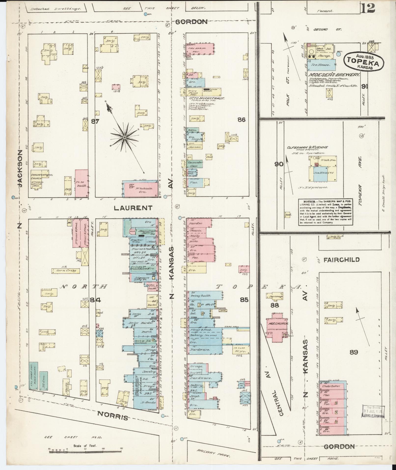 Sanborn Fire Insurance Map from Topeka, Shawnee County, Kansas (1883), Sheet #0012 - Historic Sanborn Fire Insurance Map Print, vintage old map wall art, antique decor, genealogy gift, Kansas Kansas map