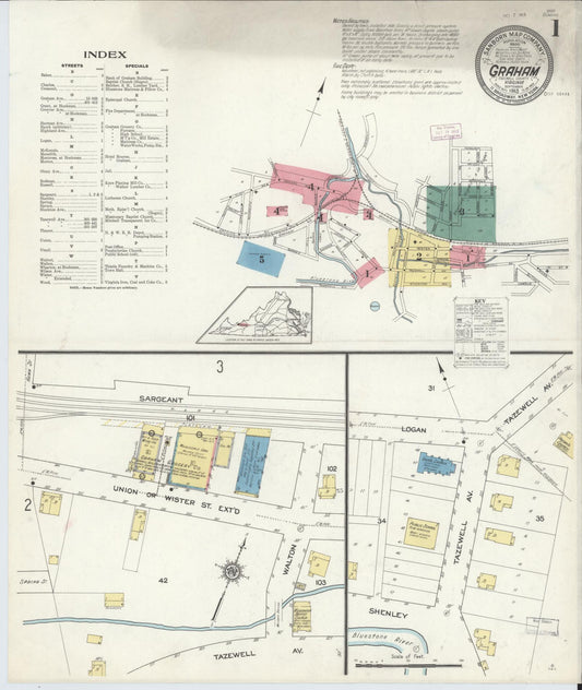 Sanborn Fire Insurance Map from Graham, Tazewell County, Virginia (1913), Sheet #0001 - Historic Sanborn Fire Insurance Map Print, vintage old map wall art, antique decor, genealogy gift, Virginia Virginia map