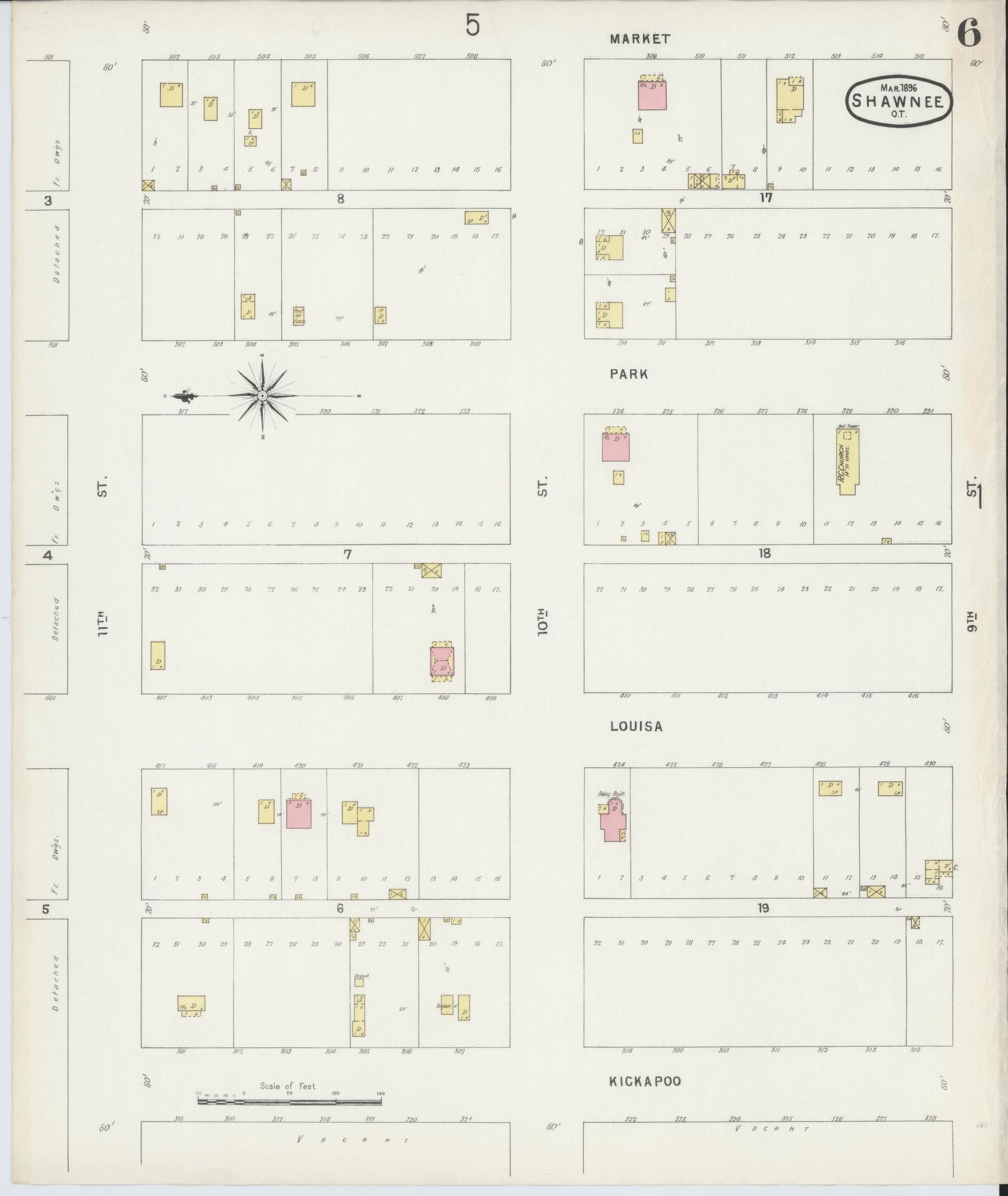 Sanborn Fire Insurance Map from Shawnee, Pottawatomie County, Oklahoma (1896), Sheet #0006 - Complete Map Set gallery image, historic Sanborn map, vintage wall art, Oklahoma Oklahoma