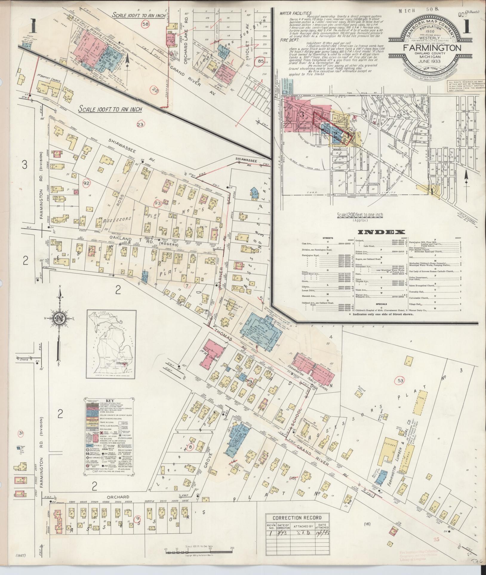 Sanborn Fire Insurance Map from Farmington, Oakland County, Michigan (1943), Sheet #0001 - Historic Sanborn Fire Insurance Map Print, vintage old map wall art, antique decor, genealogy gift, Michigan Michigan map