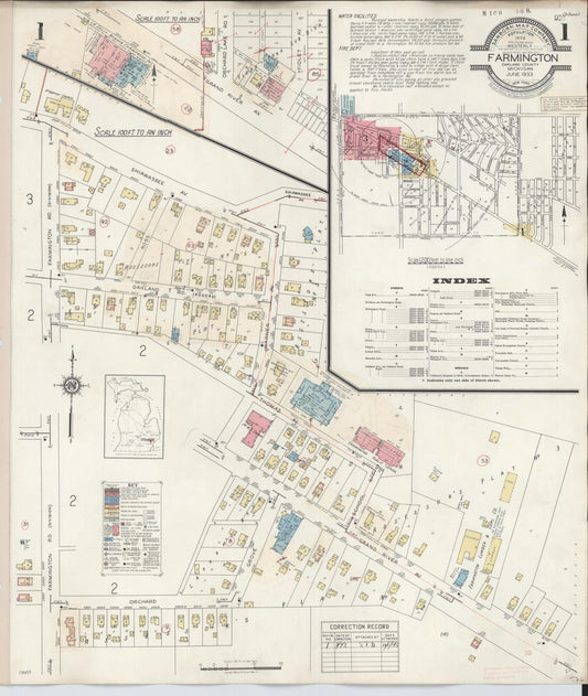 Sanborn Fire Insurance Map from Farmington, Oakland County, Michigan (1943), Sheet #0001 - Historic Sanborn Fire Insurance Map Print, vintage old map wall art, antique decor, genealogy gift, Michigan Michigan map