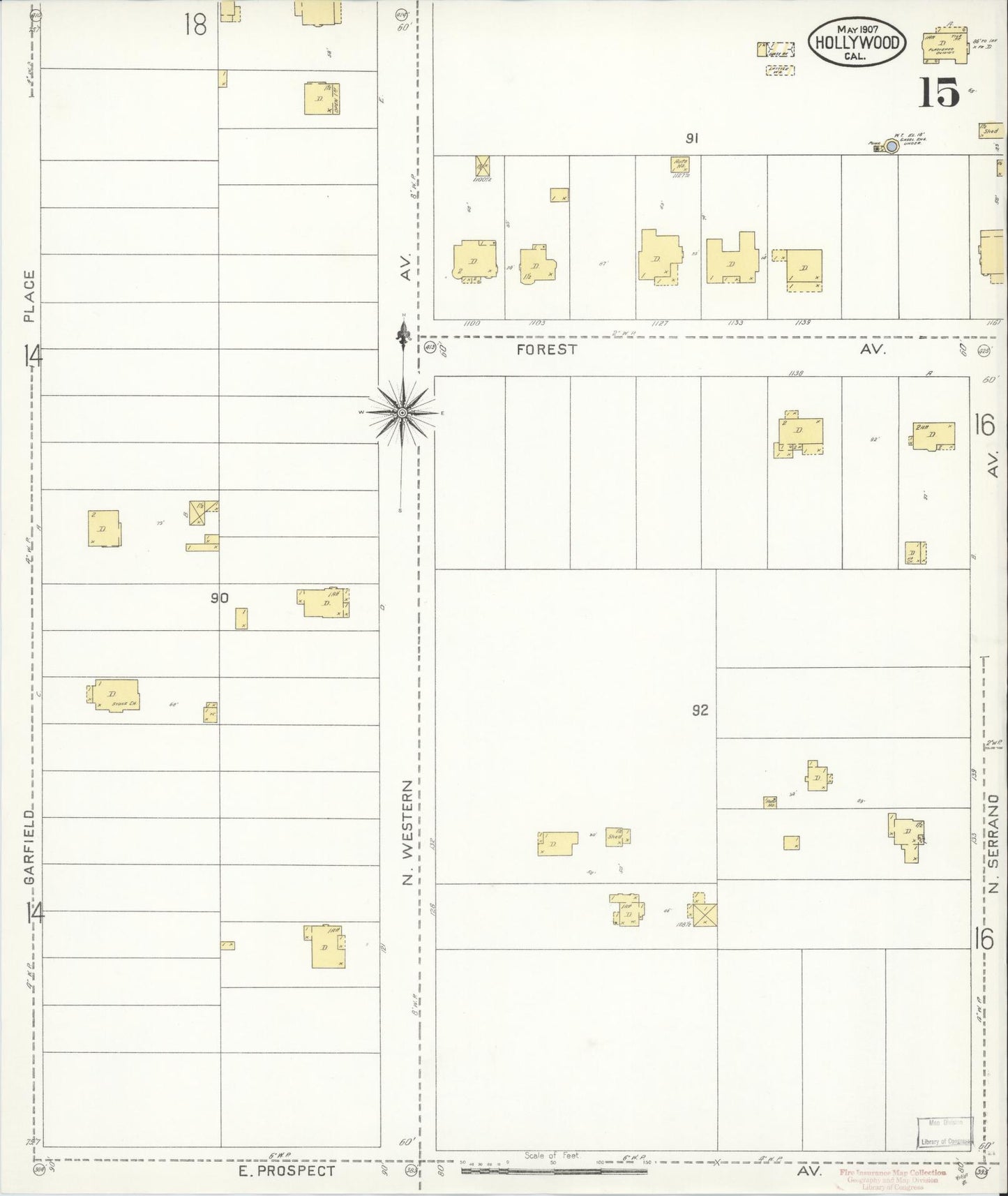 Sanborn Fire Insurance Map from Hollywood, Los Angeles County, California (1907), Sheet #0015 - Complete Map Set gallery image, historic Sanborn map, vintage wall art, California California