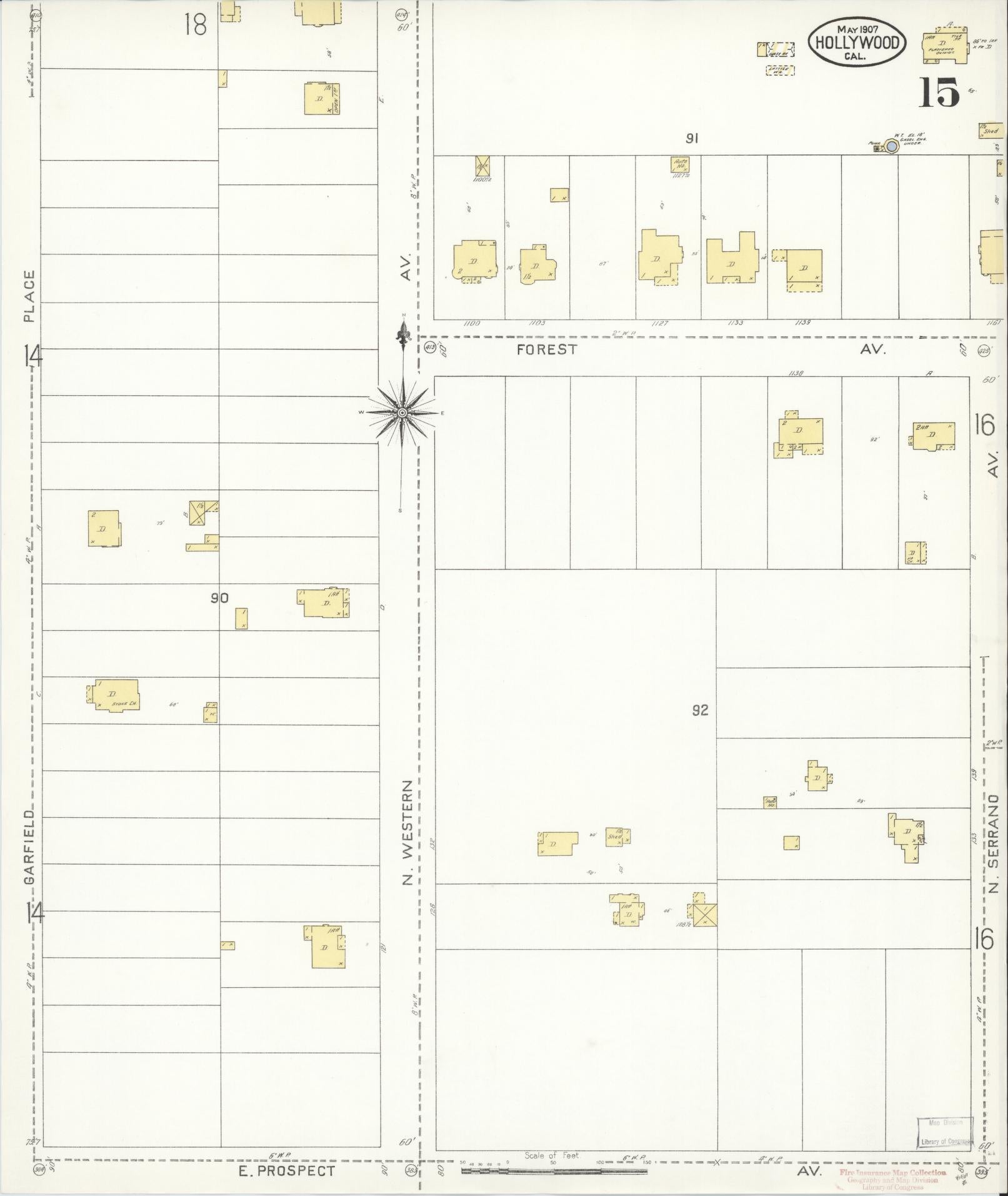 Sanborn Fire Insurance Map from Hollywood, Los Angeles County, California (1907), Sheet #0015 - Complete Map Set gallery image, historic Sanborn map, vintage wall art, California California