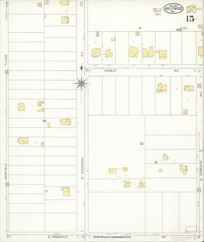 Sanborn Fire Insurance Map from Hollywood, Los Angeles County, California (1907), Sheet #0015 - Complete Map Set gallery image, historic Sanborn map, vintage wall art, California California