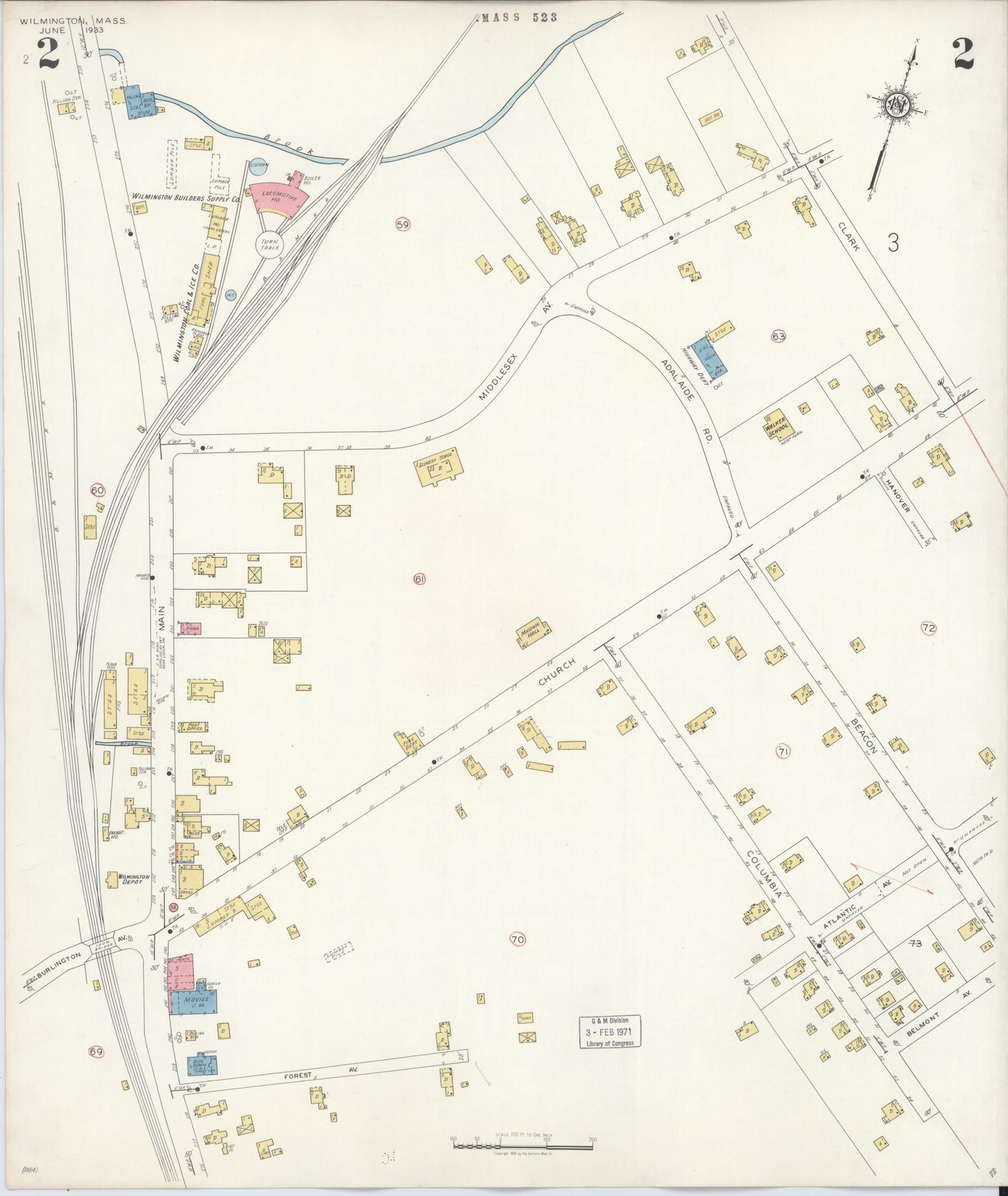 Sanborn Fire Insurance Map from Wilmington, Middlesex County, Massachusetts (1933), Sheet #0002 - Historic Sanborn Fire Insurance Map Print, vintage old map wall art, antique decor, genealogy gift, Massachusetts Massachusetts map