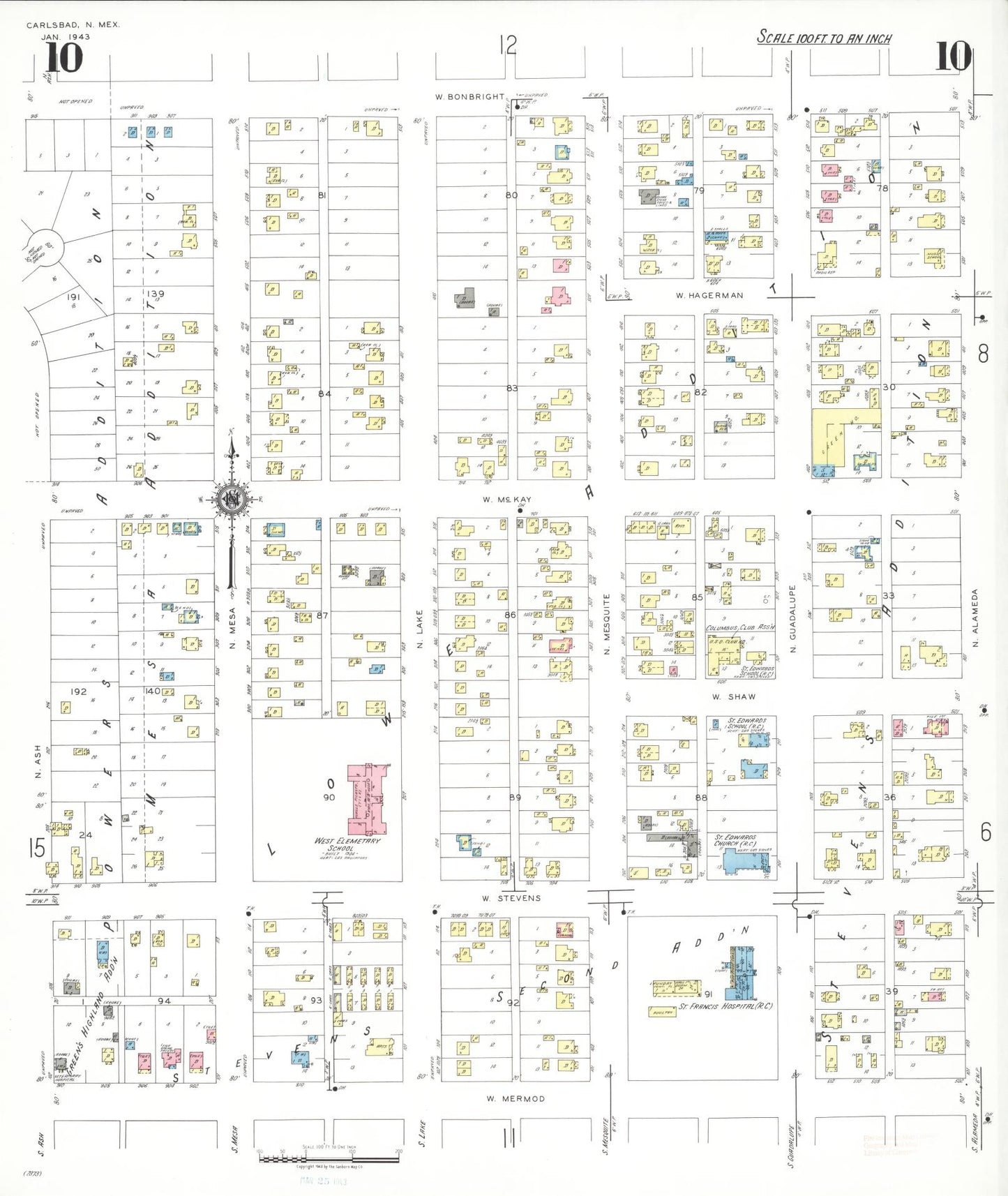 Sanborn Fire Insurance Map from Carlsbad, Eddy County, New Mexico (1943), Sheet #0010 - Complete Map Set gallery image, historic Sanborn map, vintage wall art, New Mexico New Mexico