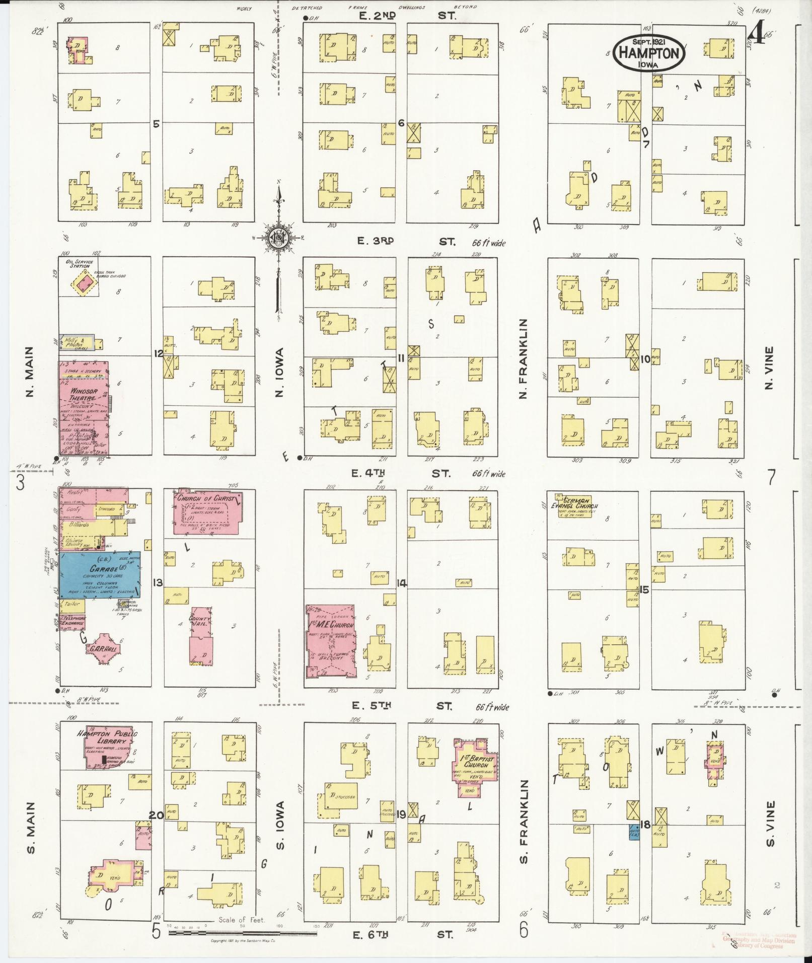 Sanborn Fire Insurance Map from Hampton, Franklin County, Iowa (1921), Sheet #0004 - Historic Sanborn Fire Insurance Map Print, vintage old map wall art