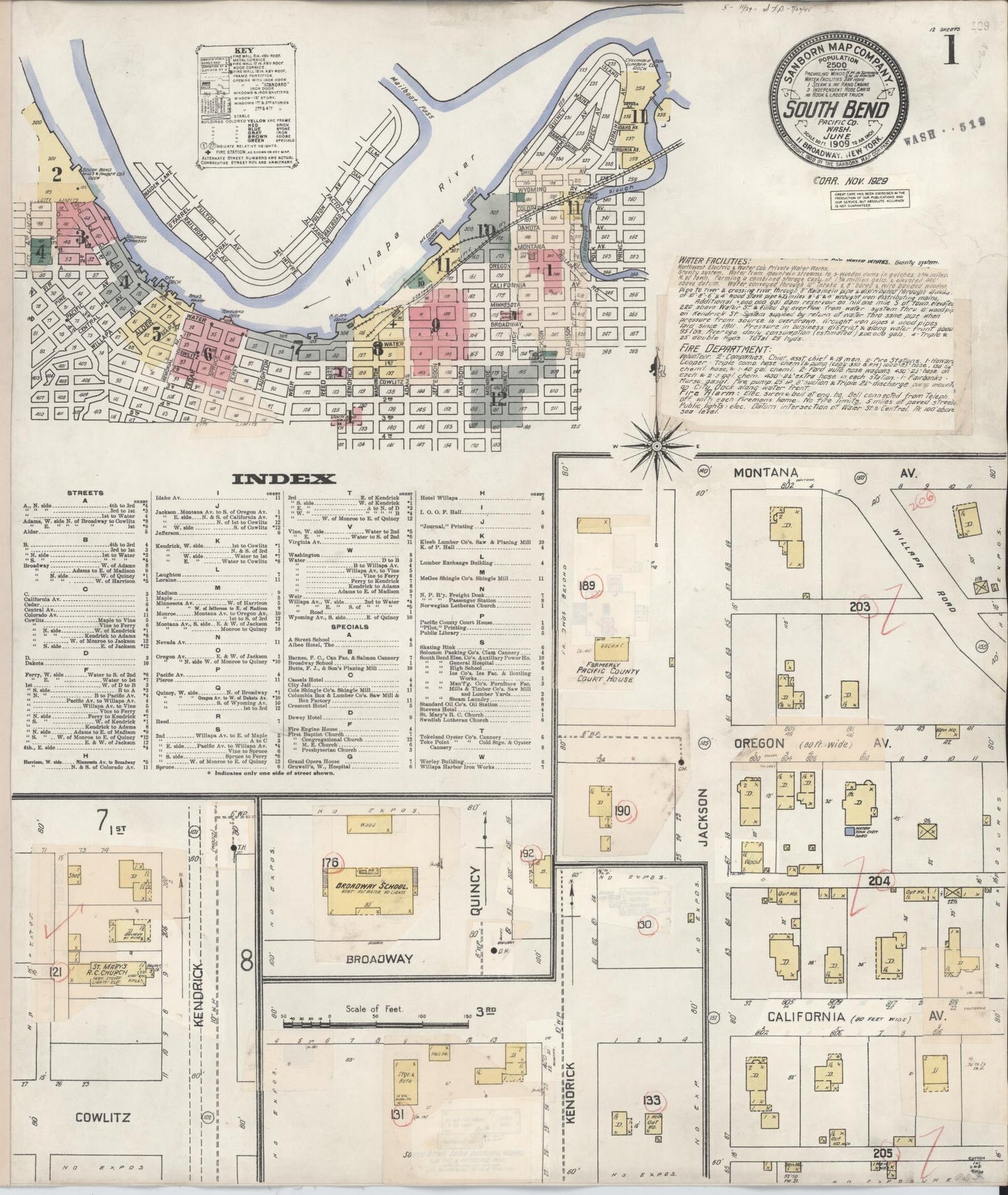 Sanborn Fire Insurance Map from South Bend, Pacific County, Washington (1929), Sheet #0001 - Historic Sanborn Fire Insurance Map Print, vintage old map wall art, antique decor, genealogy gift, Washington Washington map