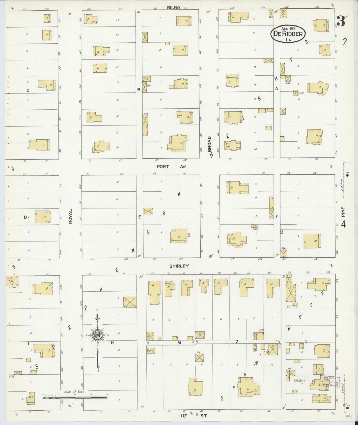 Sanborn Fire Insurance Map from De Ridder, Beauregard Parish, Louisiana (1912), Sheet #0003 - Historic Sanborn Fire Insurance Map Print, vintage old map wall art, antique decor, genealogy gift, Louisiana Louisiana map