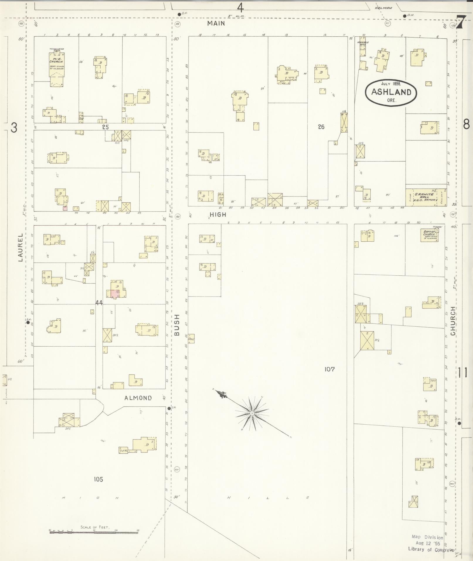 Sanborn Fire Insurance Map from Ashland, Jackson County, Oregon (1898), Sheet #0007 - Historic Sanborn Fire Insurance Map Print, vintage old map wall art, antique decor, genealogy gift, Oregon Oregon map
