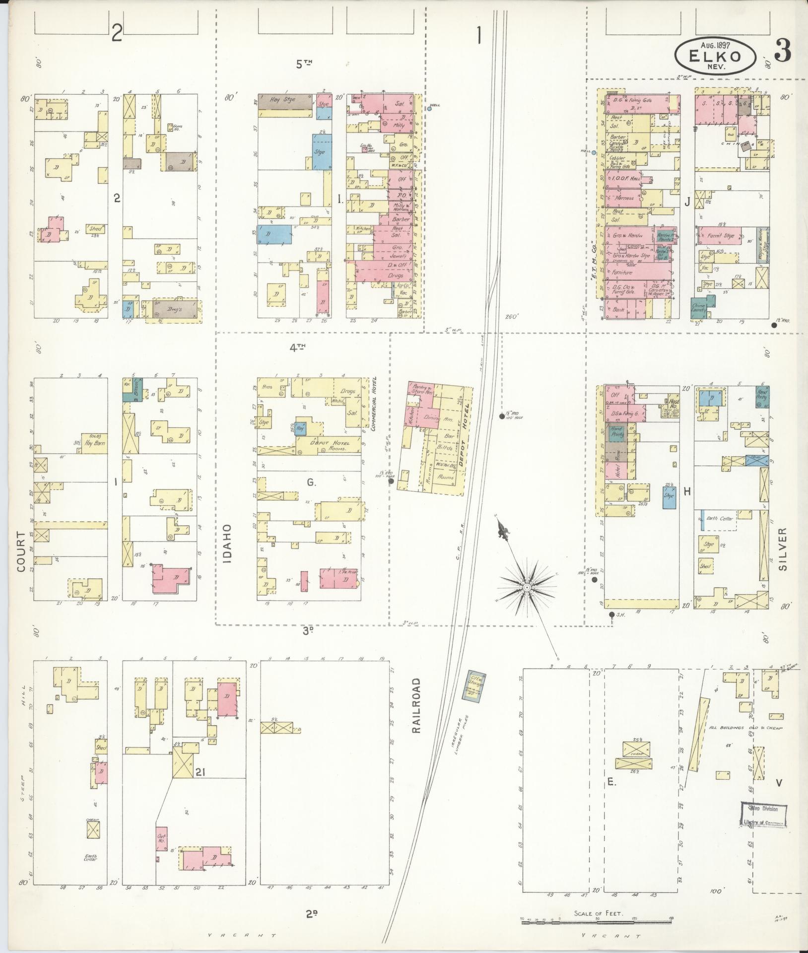 Sanborn Fire Insurance Map from Elko, Elko County, Nevada (1897), Sheet #0003 - Historic Sanborn Fire Insurance Map Print, vintage old map wall art, antique decor, genealogy gift, Nevada Nevada map
