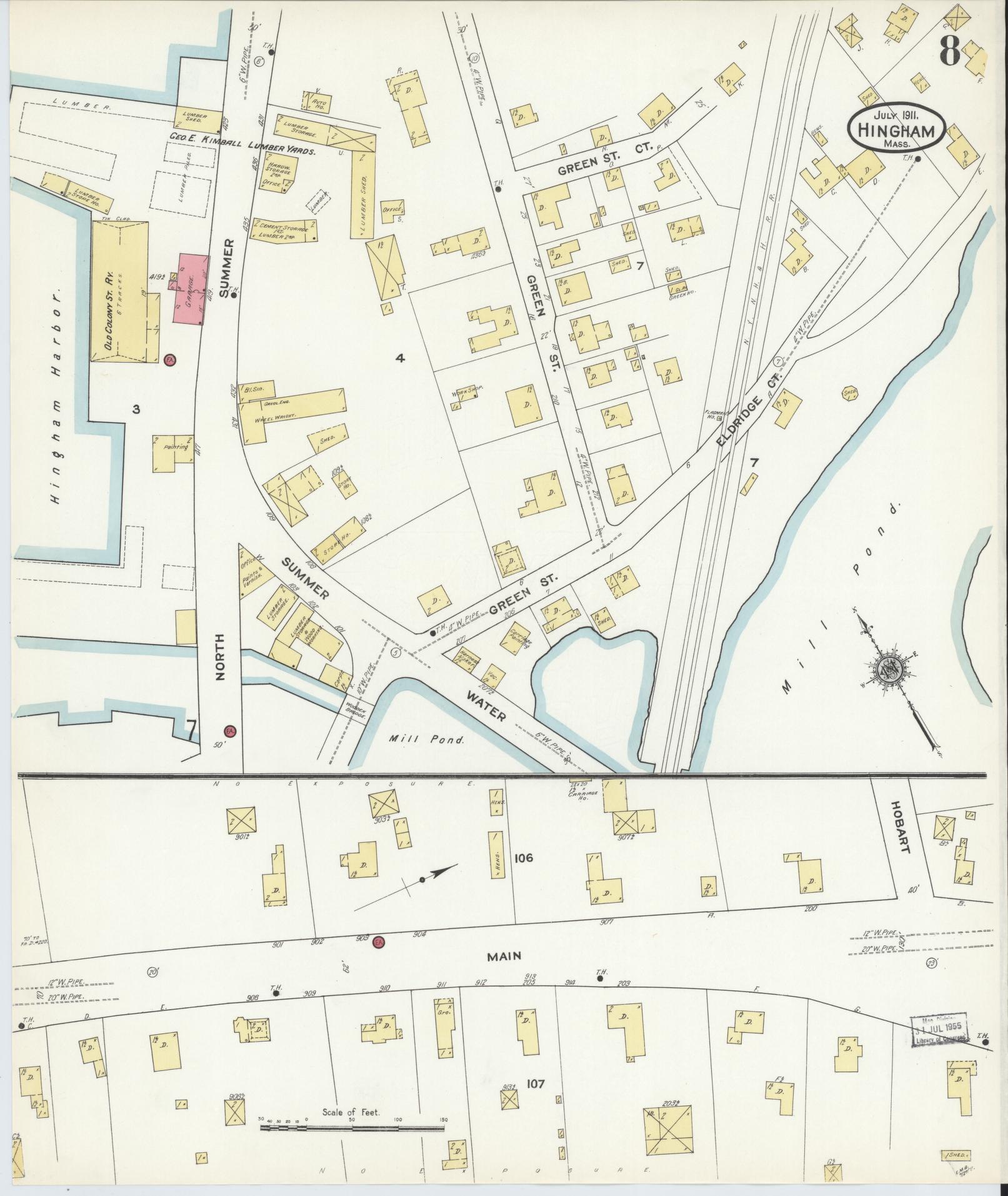 Sanborn Fire Insurance Map from Hingham, Plymouth County, Massachusetts (1911), Sheet #0008 - Historic Sanborn Fire Insurance Map Print, vintage old map wall art, antique decor, genealogy gift, Massachusetts Massachusetts map