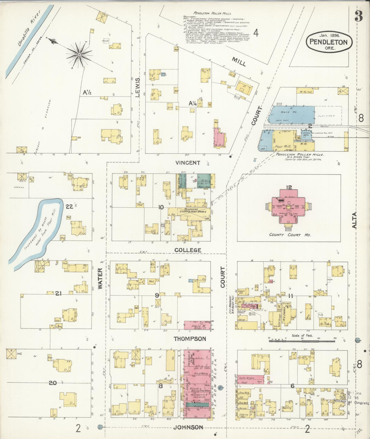 Sanborn Fire Insurance Map from Pendleton, Umatilla County, Oregon (1896), Sheet #0003 - Historic Sanborn Fire Insurance Map Print, vintage old map wall art, antique decor, genealogy gift, Oregon Oregon map