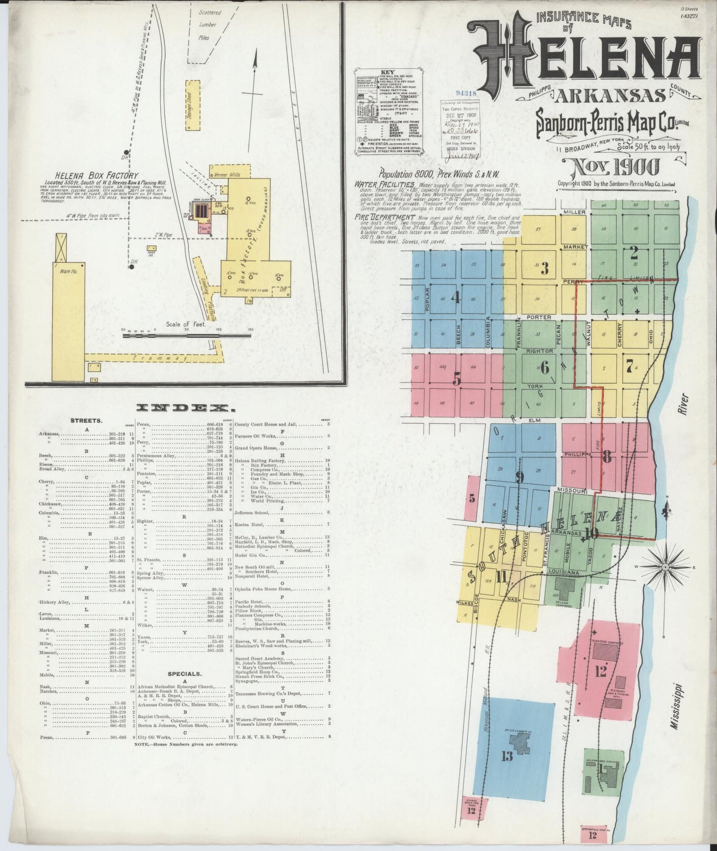 Sanborn Fire Insurance Map from Helena, Phillips County, Arkansas (1900), Sheet #0001 - Historic Sanborn Fire Insurance Map Print, vintage old map wall art, antique decor, genealogy gift, Arkansas Arkansas map