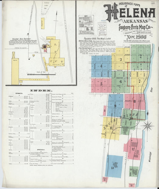 Sanborn Fire Insurance Map from Helena, Phillips County, Arkansas (1900), Sheet #0001 - Historic Sanborn Fire Insurance Map Print, vintage old map wall art, antique decor, genealogy gift, Arkansas Arkansas map