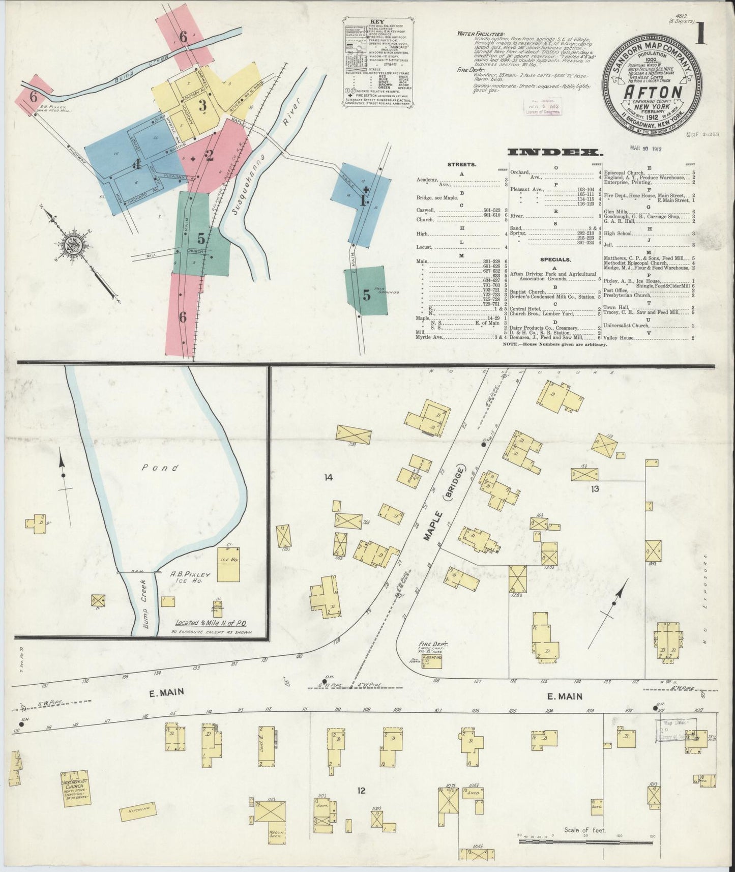Sanborn Fire Insurance Map from Afton, Chenango County, New York (1912), Sheet #0001 - Complete Map Set gallery image, historic Sanborn map, vintage wall art, New York New York