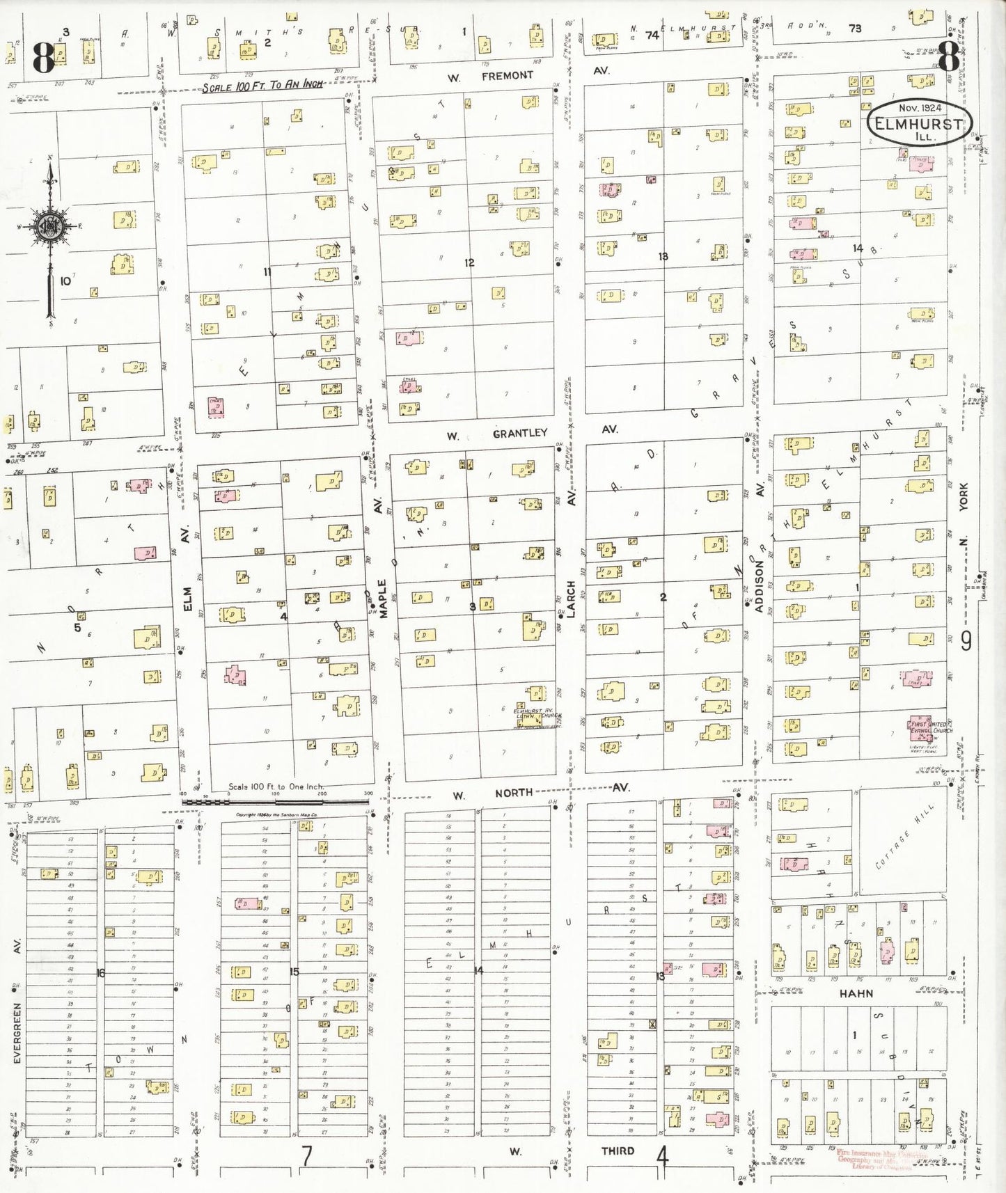 Sanborn Fire Insurance Map from Elmhurst, Du Page County, Illinois (1924), Sheet #0008 - Complete Map Set gallery image, historic Sanborn map, vintage wall art, Illinois Illinois