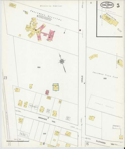 Sanborn Fire Insurance Map from Englewood, Bergen County, New Jersey (1915), Sheet #0005 - Historic Sanborn Fire Insurance Map Print, vintage old map wall art, antique decor, genealogy gift, New Jersey New Jersey map