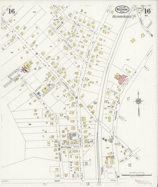 Sanborn Fire Insurance Map from Needham, Norfolk County, Massachusetts (1926), Sheet #0016 - Historic Sanborn Fire Insurance Map Print, vintage old map wall art, antique decor, genealogy gift, Massachusetts Massachusetts map