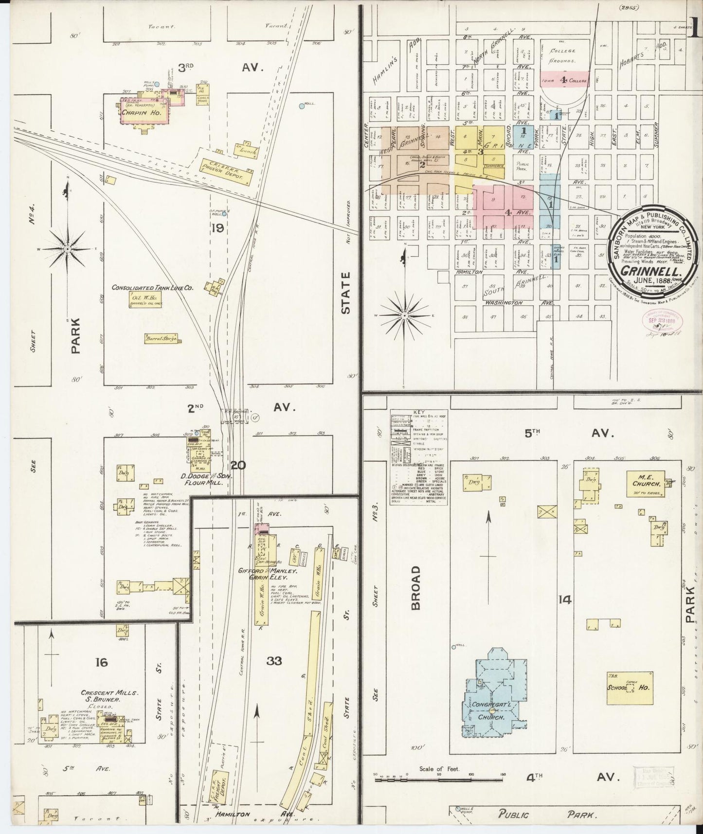 Sanborn Fire Insurance Map from Grinnell, Poweshiek County, Iowa (1888), Sheet #0001 - Historic Sanborn Fire Insurance Map Print, vintage old map wall art
