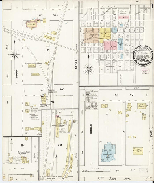 Sanborn Fire Insurance Map from Grinnell, Poweshiek County, Iowa (1888), Sheet #0001 - Historic Sanborn Fire Insurance Map Print, vintage old map wall art