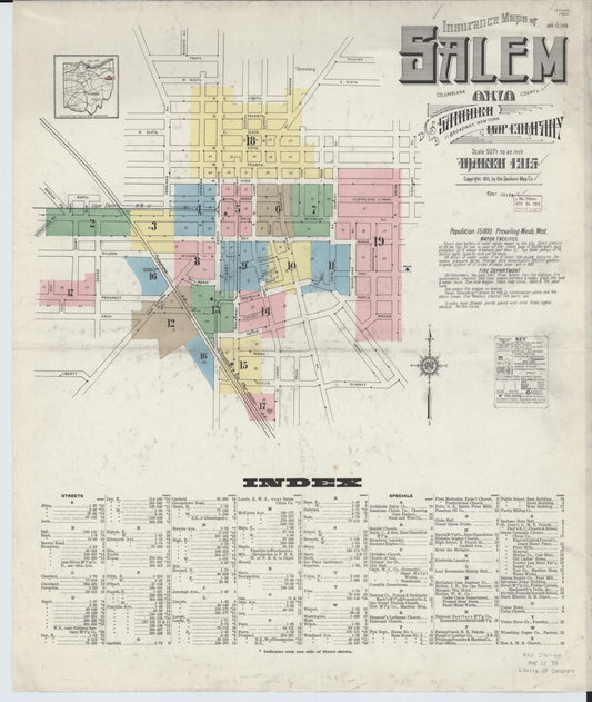 Sanborn Fire Insurance Map from Salem, Columbiana County, Ohio (1915), Sheet #0001 - Historic Sanborn Fire Insurance Map Print, vintage old map wall art, antique decor, genealogy gift, Ohio Ohio map