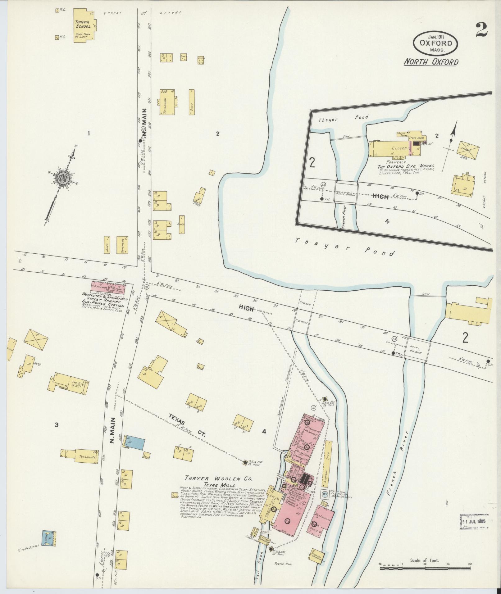 Sanborn Fire Insurance Map from Oxford, Worcester County, Massachusetts (1911), Sheet #0002 - Historic Sanborn Fire Insurance Map Print, vintage old map wall art, antique decor, genealogy gift, Massachusetts Massachusetts map