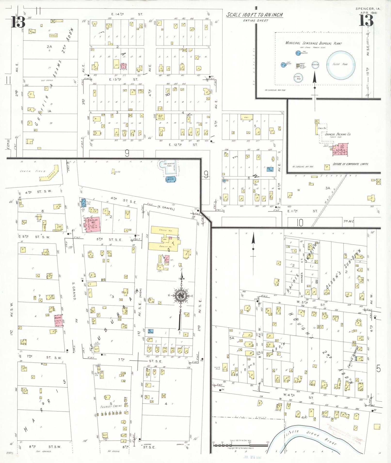 Sanborn Fire Insurance Map from Spencer, Clay County, Iowa (1941), Sheet #0013 - Historic Sanborn Fire Insurance Map Print, vintage old map wall art