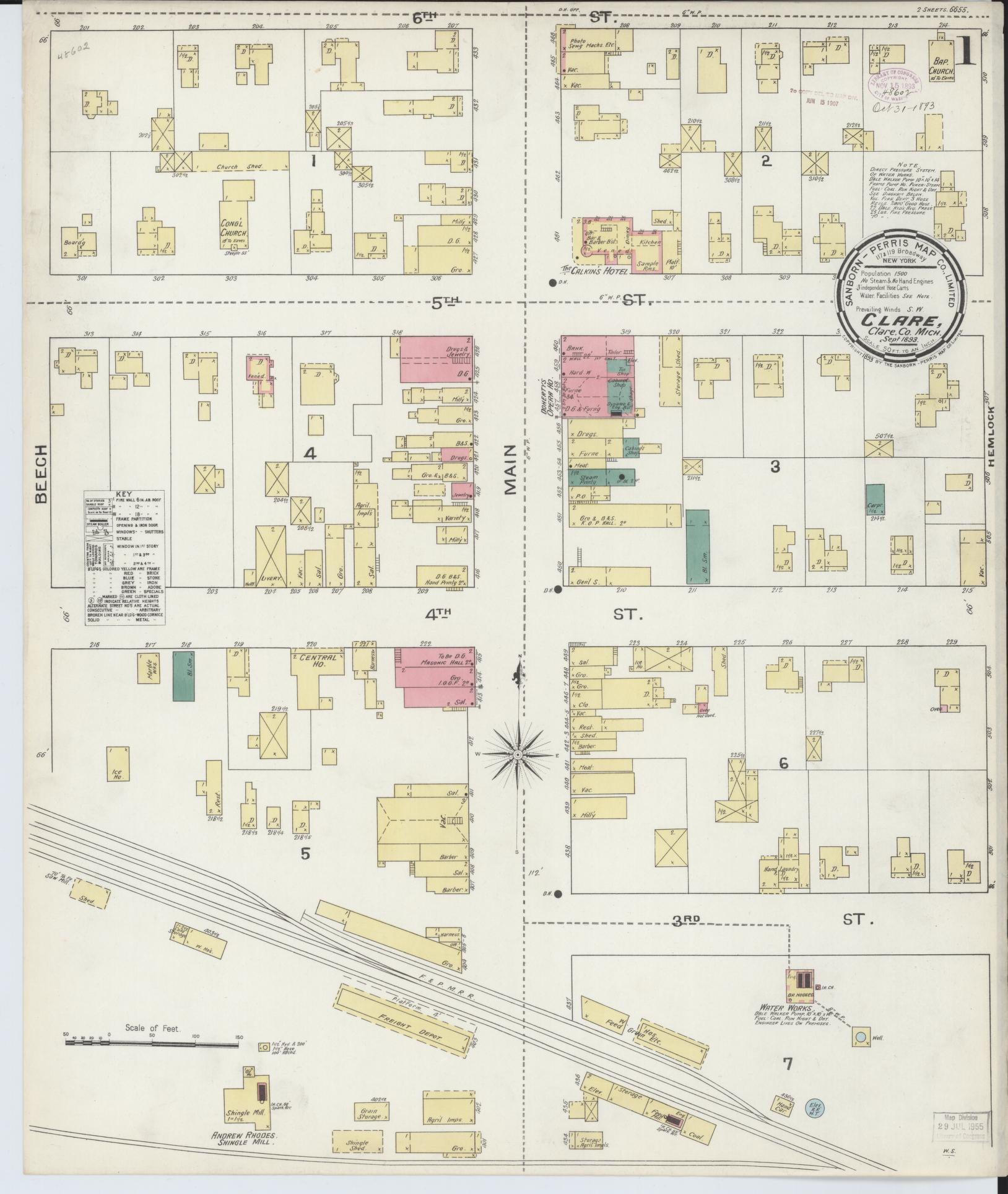 Sanborn Fire Insurance Map from Clare, Clare County, Michigan (1893), Sheet #0001 - Historic Sanborn Fire Insurance Map Print, vintage old map wall art, antique decor, genealogy gift, Michigan Michigan map