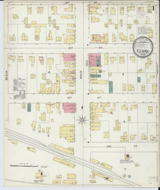 Sanborn Fire Insurance Map from Clare, Clare County, Michigan (1893), Sheet #0001 - Historic Sanborn Fire Insurance Map Print, vintage old map wall art, antique decor, genealogy gift, Michigan Michigan map