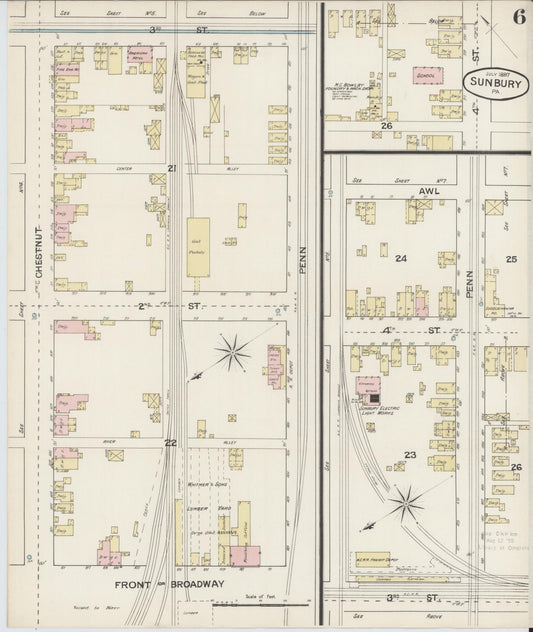 Sanborn Fire Insurance Map from Sunbury, Northumberland County, Pennsylvania (1887), Sheet #0006 - Historic Sanborn Fire Insurance Map Print, vintage old map wall art, antique decor, genealogy gift, Pennsylvania Pennsylvania map