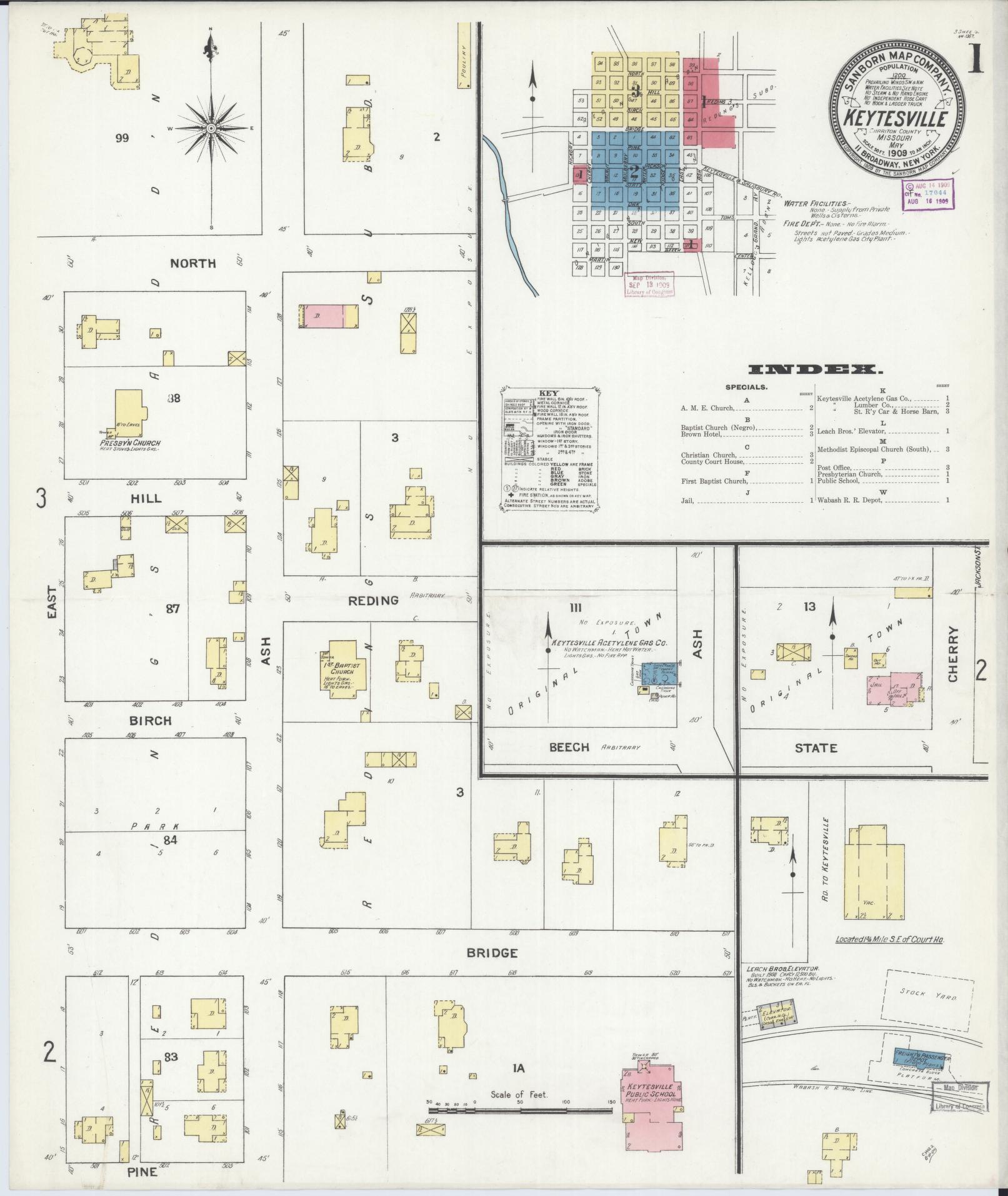 Sanborn Fire Insurance Map from Keytesville, Chariton County, Missouri (1909), Sheet #0001 - Historic Sanborn Fire Insurance Map Print, vintage old map wall art, antique decor, genealogy gift, Missouri Missouri map