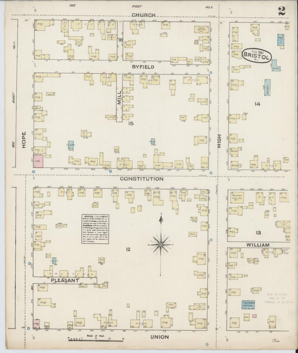 Sanborn Fire Insurance Map from Bristol, Bristol County, Rhode Island (1884), Sheet #0002 - Historic Sanborn Fire Insurance Map Print, vintage old map wall art, antique decor, genealogy gift, Rhode Island Rhode Island map