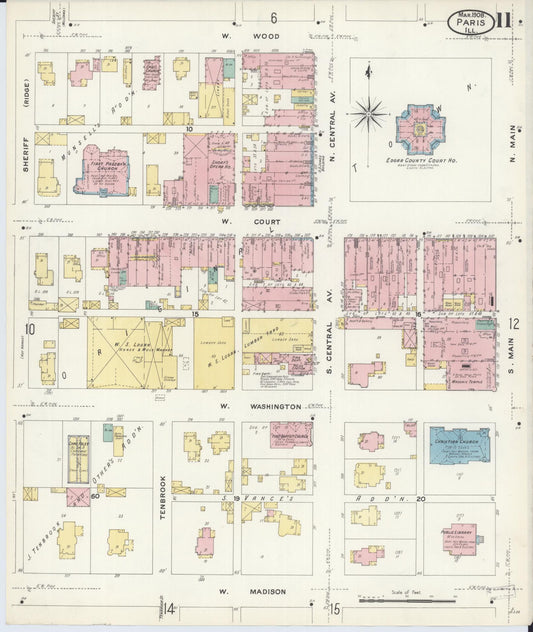 Sanborn Fire Insurance Map from Paris, Edgar County, Illinois (1908), Sheet #0011 - Historic Sanborn Fire Insurance Map Print, vintage old map wall art, antique decor, genealogy gift, Illinois Illinois map