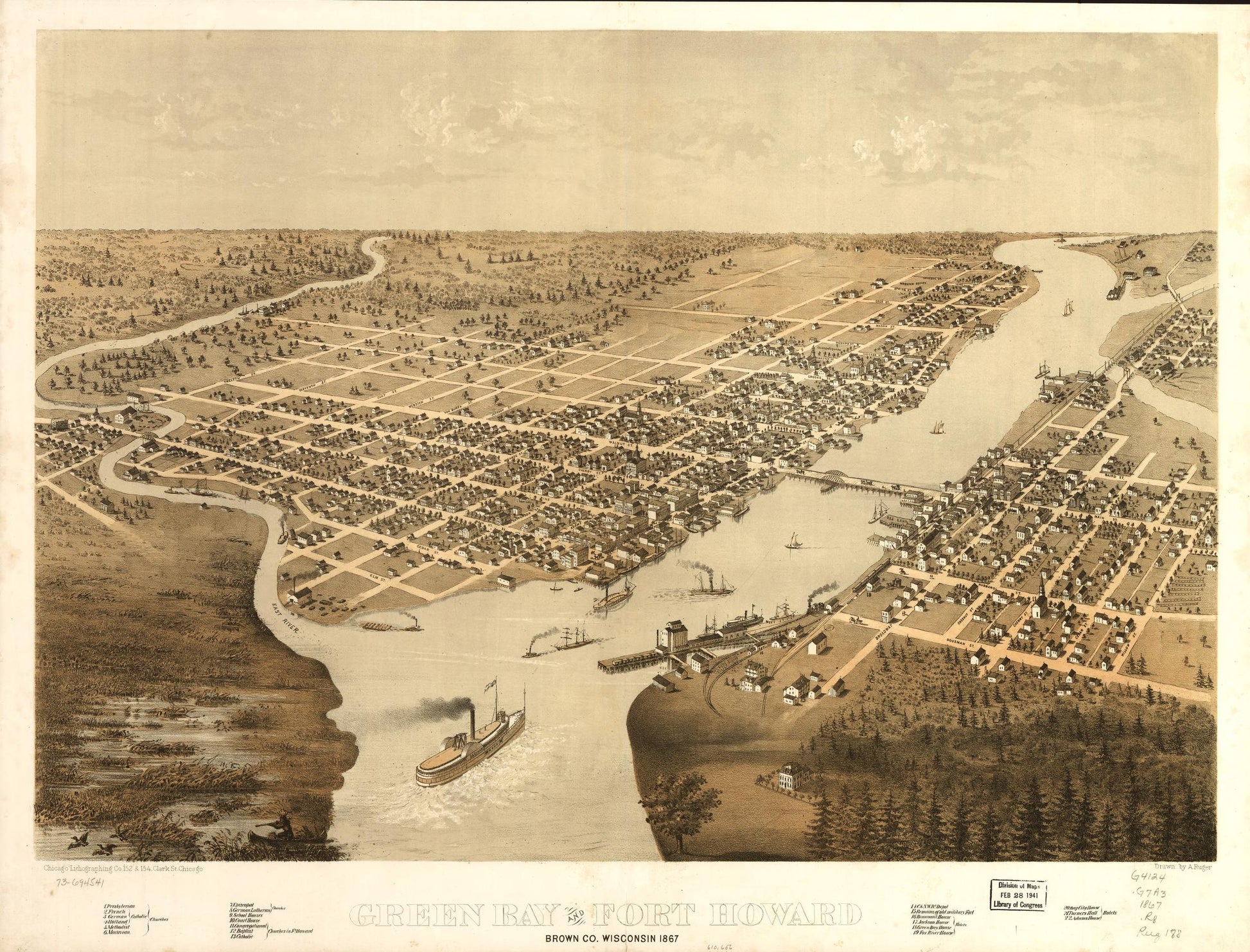 Green Bay and Fort Howard, Brown Co., Wisconsin 1867. (1867) – Historic Bird’s-Eye View Panorama Print