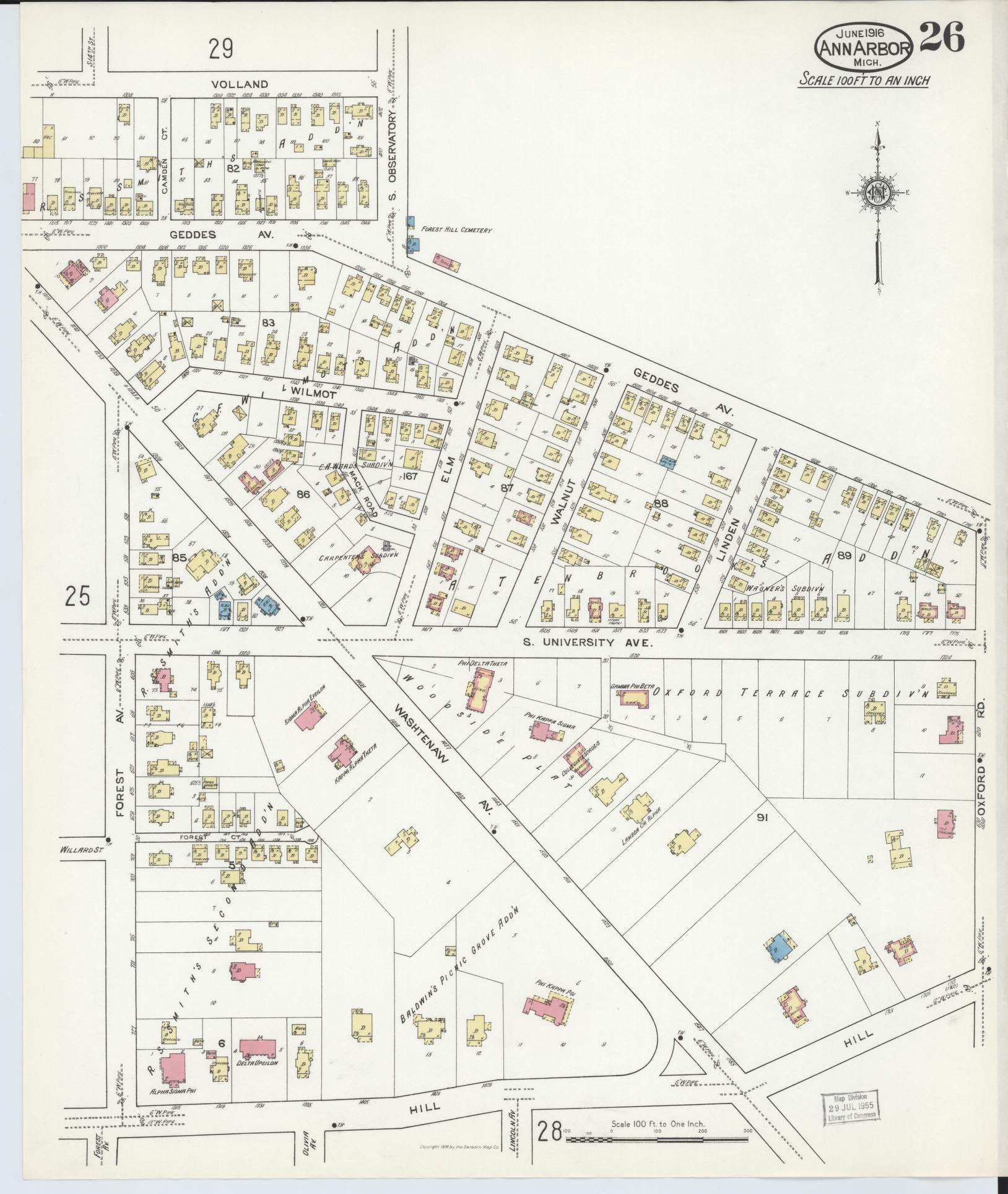 Sanborn Fire Insurance Map from Ann Arbor, Washtenaw County, Michigan (1916), Sheet #0026 - Complete Map Set gallery image, historic Sanborn map, vintage wall art, Michigan Michigan