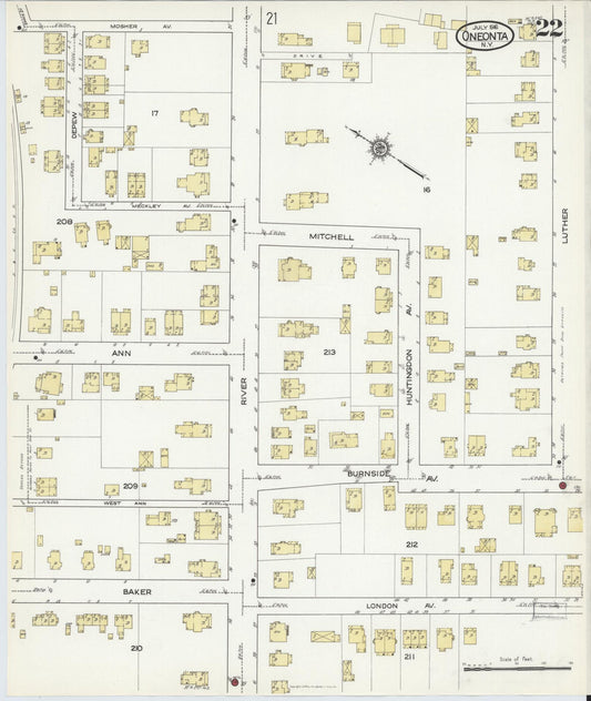 Sanborn Fire Insurance Map from Oneonta, Otsego County, New York (1916), Sheet #0022 - Historic Sanborn Fire Insurance Map Print, vintage old map wall art, antique decor, genealogy gift, New York New York map