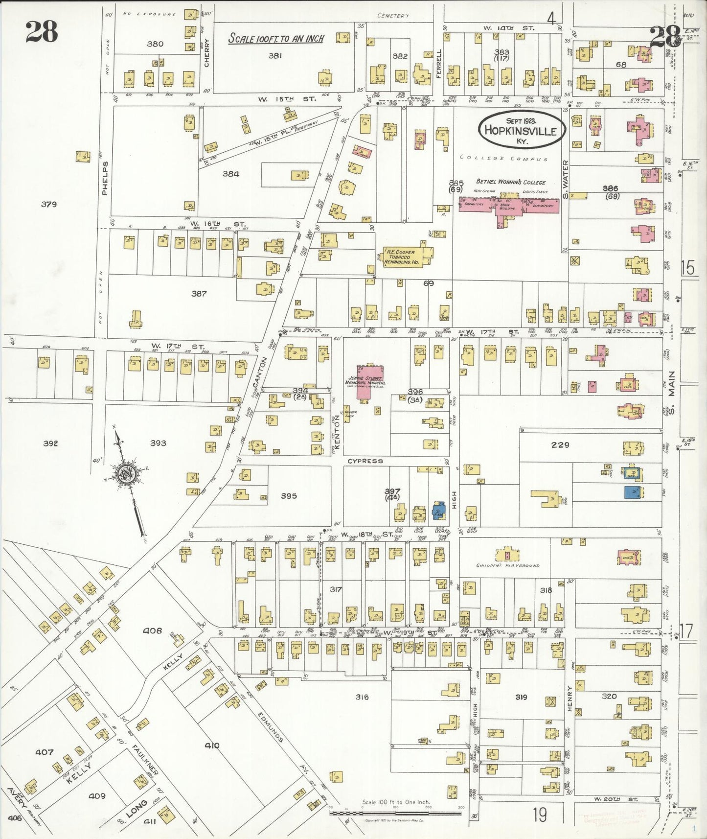 Sanborn Fire Insurance Map from Hopkinsville, Christian County, Kentucky (1923), Sheet #0028 - Historic Sanborn Fire Insurance Map Print, vintage old map wall art, antique decor, genealogy gift, Kentucky Kentucky map