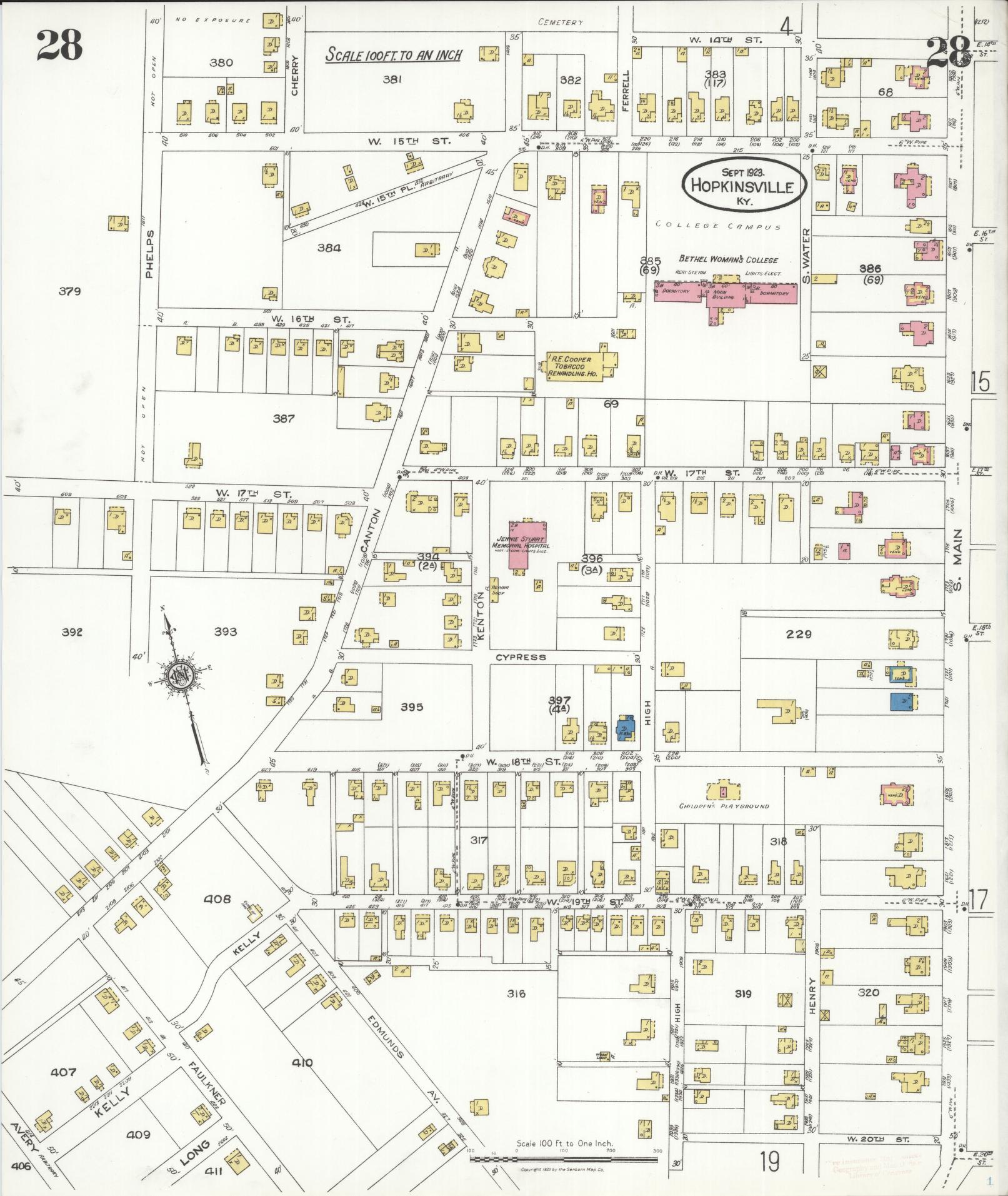 Sanborn Fire Insurance Map from Hopkinsville, Christian County, Kentucky (1923), Sheet #0028 - Historic Sanborn Fire Insurance Map Print, vintage old map wall art, antique decor, genealogy gift, Kentucky Kentucky map