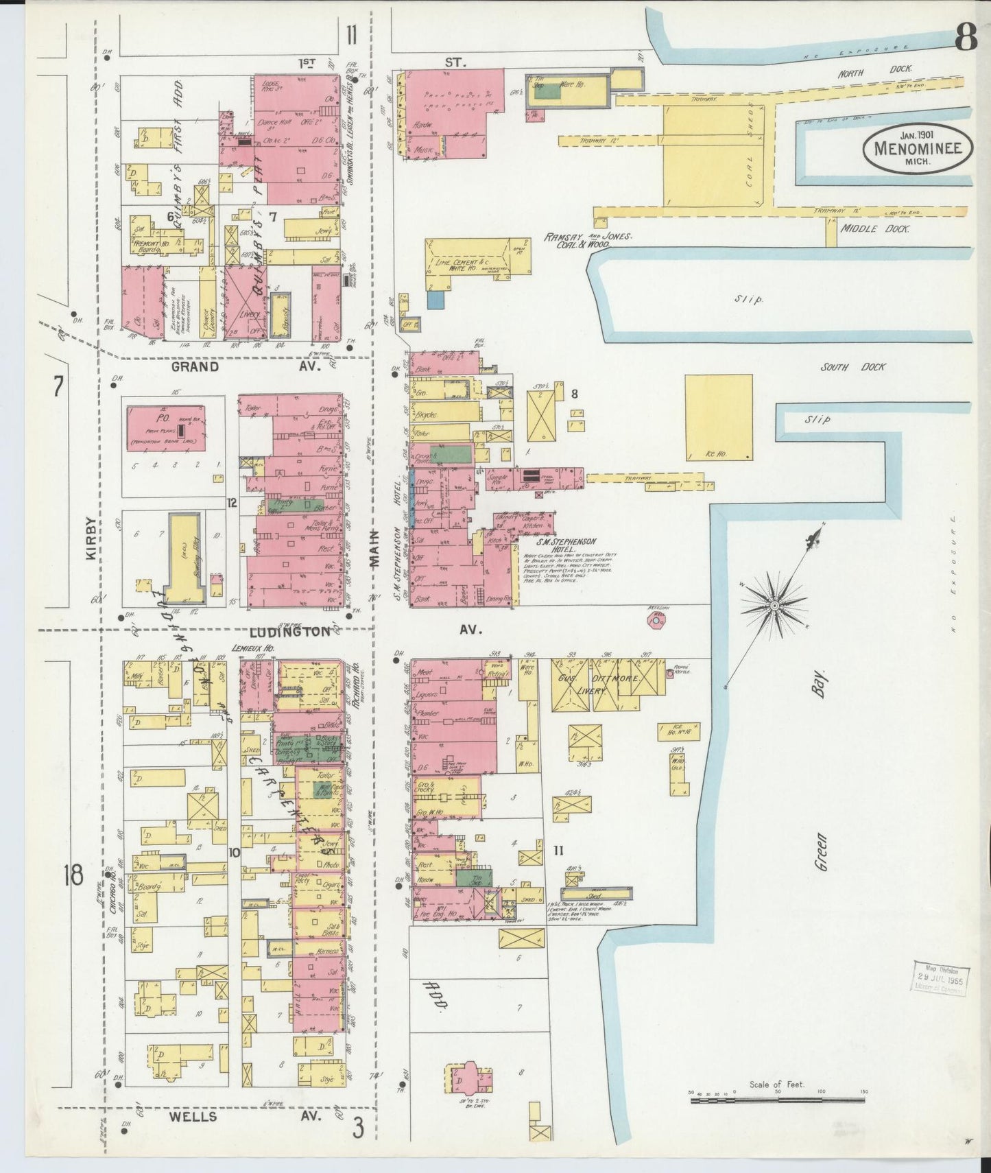 Sanborn Fire Insurance Map from Menominee, Menominee County, Michigan (1901), Sheet #0008 - Historic Sanborn Fire Insurance Map Print, vintage old map wall art, antique decor, genealogy gift, Michigan Michigan map