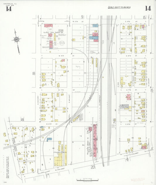 Sanborn Fire Insurance Map from Centralia, Marion, Clinton, Jefferson, and Washington Counties, Illinois (1938), Sheet #0014 - Historic Sanborn Fire Insurance Map Print, vintage old map wall art, antique decor, genealogy gift, Illinois Illinois map
