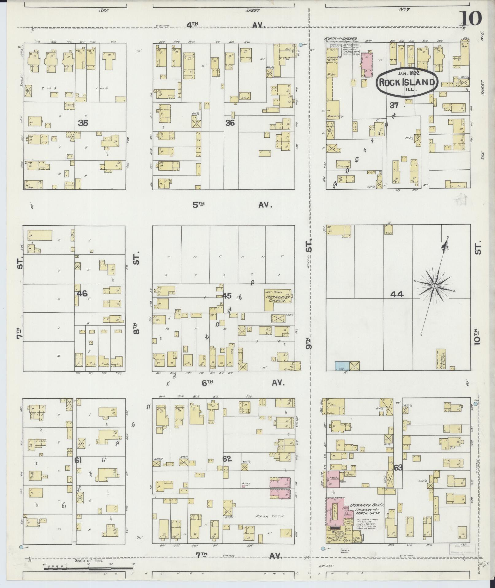Sanborn Fire Insurance Map from Rock Island, Rock Island County, Illinois (1892), Sheet #0010 - Historic Sanborn Fire Insurance Map Print, vintage old map wall art, antique decor, genealogy gift, Illinois Illinois map