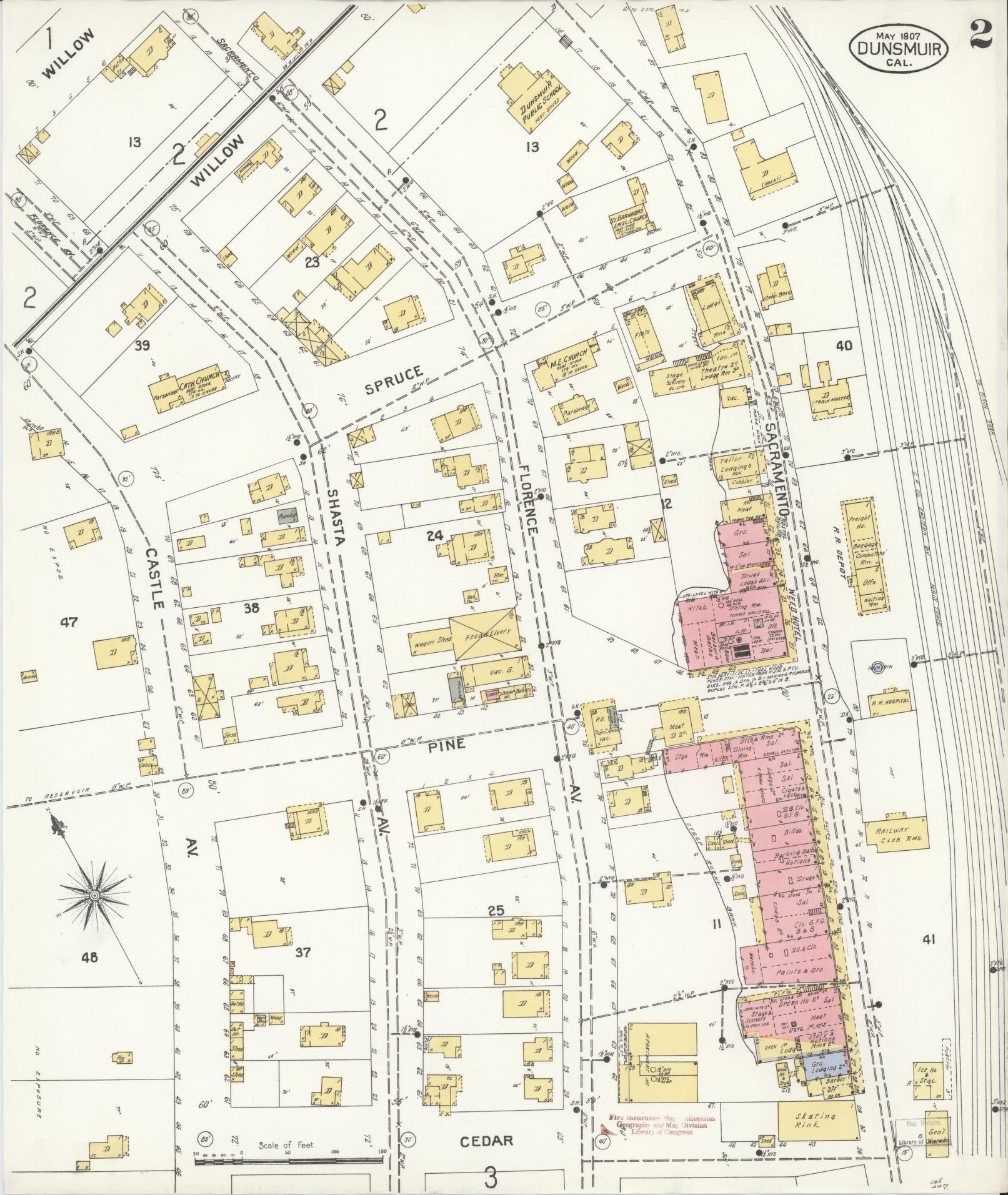 Sanborn Fire Insurance Map from Dunsmuir, Siskiyou County, California (1907), Sheet #0002 - Historic Sanborn Fire Insurance Map Print, vintage old map wall art, antique decor, genealogy gift, California California map
