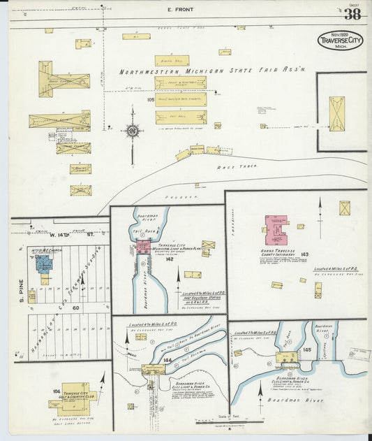 Sanborn Fire Insurance Map from Traverse City, Grand Traverse County, Michigan (1920), Sheet #0038 - Historic Sanborn Fire Insurance Map Print, vintage old map wall art, antique decor, genealogy gift, Michigan Michigan map