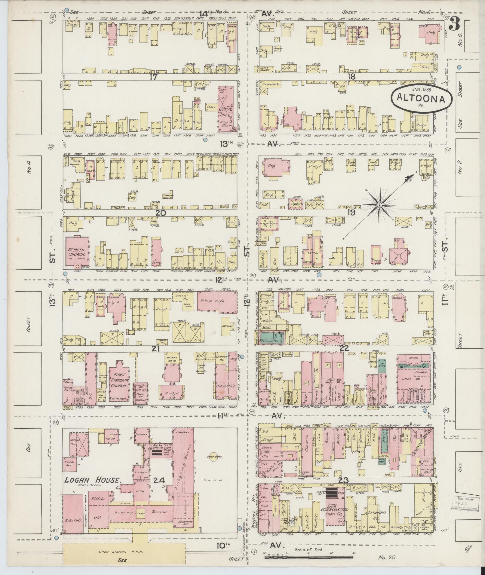 Sanborn Fire Insurance Map from Altoona, Blair County, Pennsylvania (1888), Sheet #0003 - Historic Sanborn Fire Insurance Map Print, vintage old map wall art, antique decor, genealogy gift, Pennsylvania Pennsylvania map