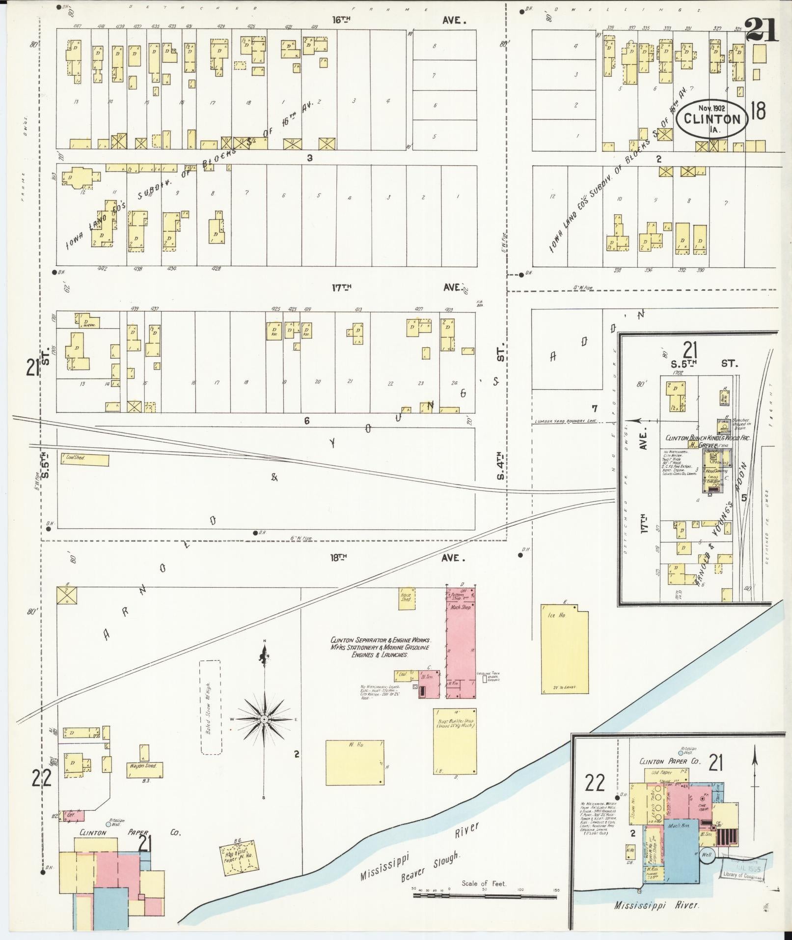 Sanborn Fire Insurance Map from Clinton, Clinton County, Iowa (1902), Sheet #0021 - Historic Sanborn Fire Insurance Map Print, vintage old map wall art