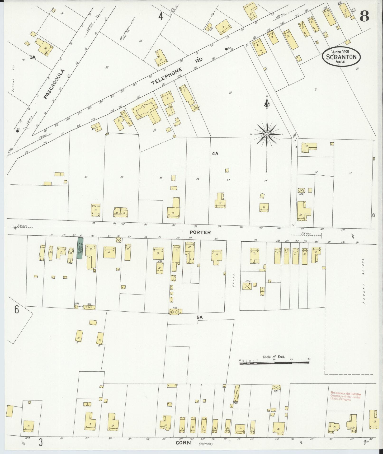 Sanborn Fire Insurance Map from Scranton, Jackson County, Mississippi (1909), Sheet #0008 - Complete Map Set gallery image, historic Sanborn map, vintage wall art, Mississippi Mississippi