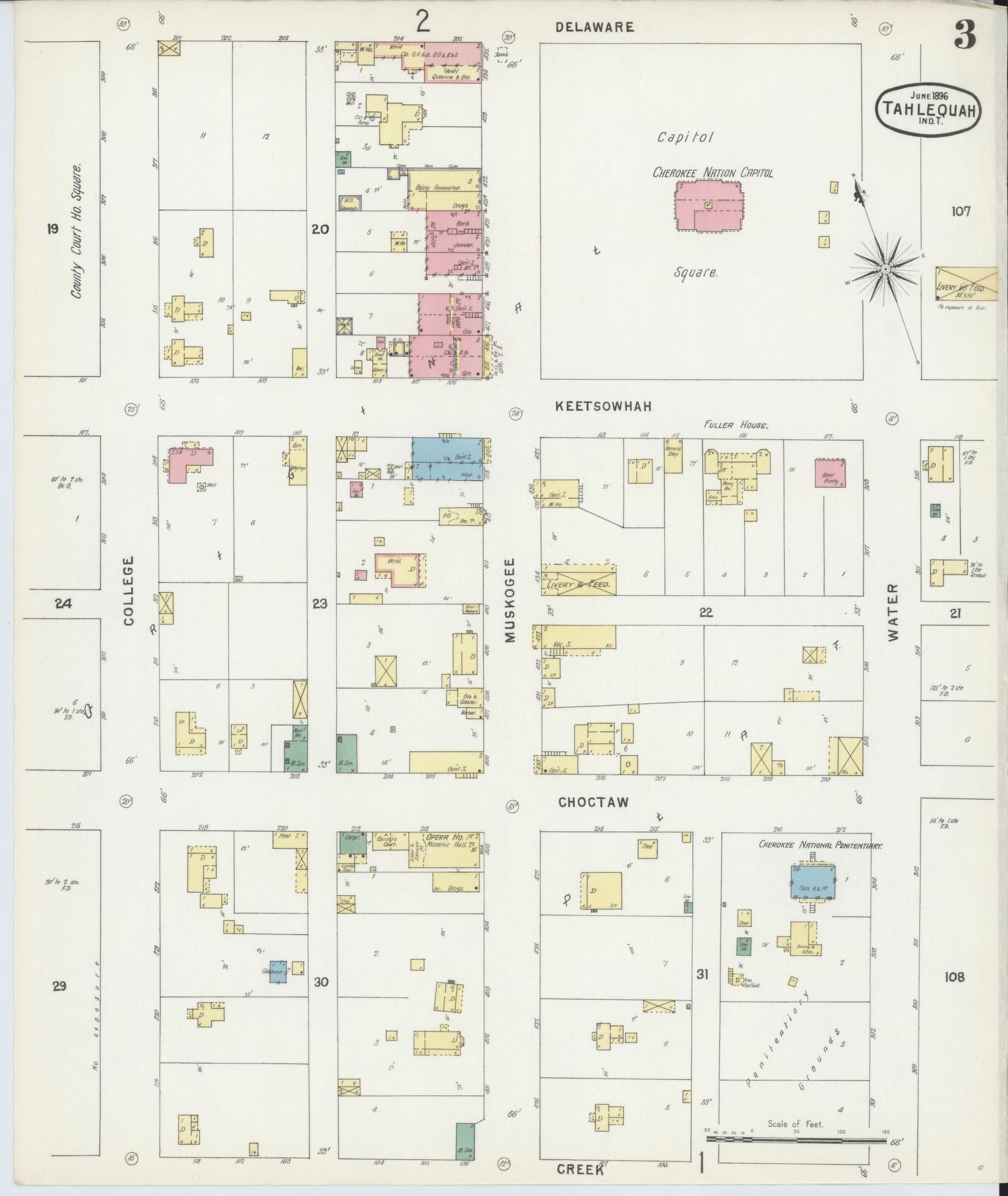 Sanborn Fire Insurance Map from Tahlequah, Cherokee County, Oklahoma (1896), Sheet #0003 - Historic Sanborn Fire Insurance Map Print, vintage old map wall art, antique decor, genealogy gift, Oklahoma Oklahoma map